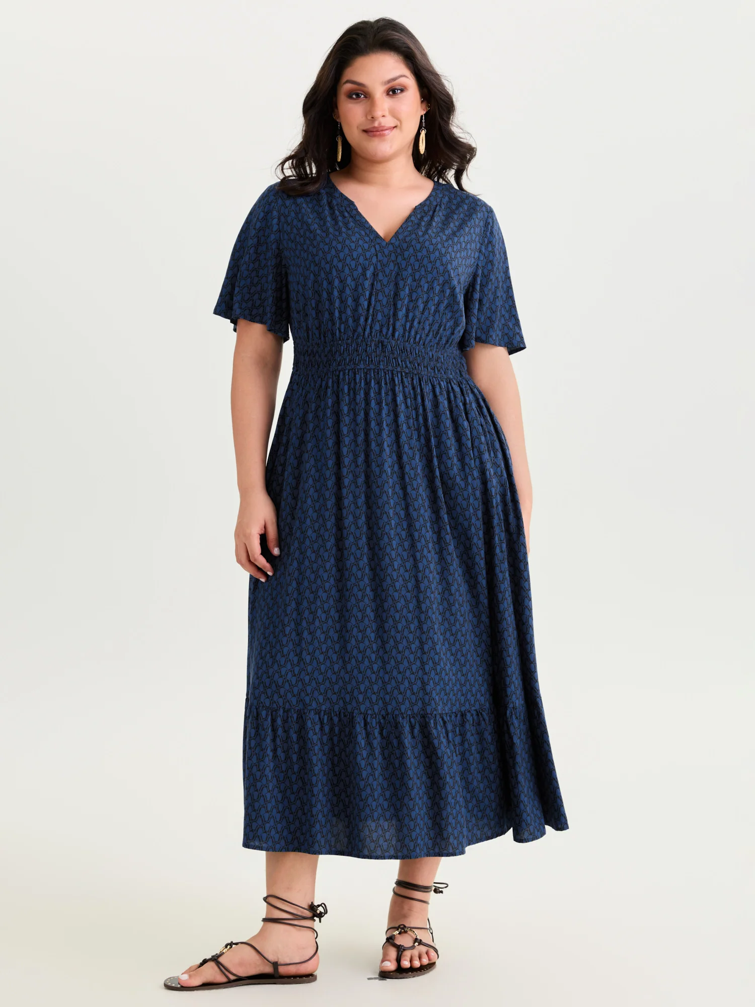 Geometric Print Waist-Cinched Tiered Midi Dress - Image 14