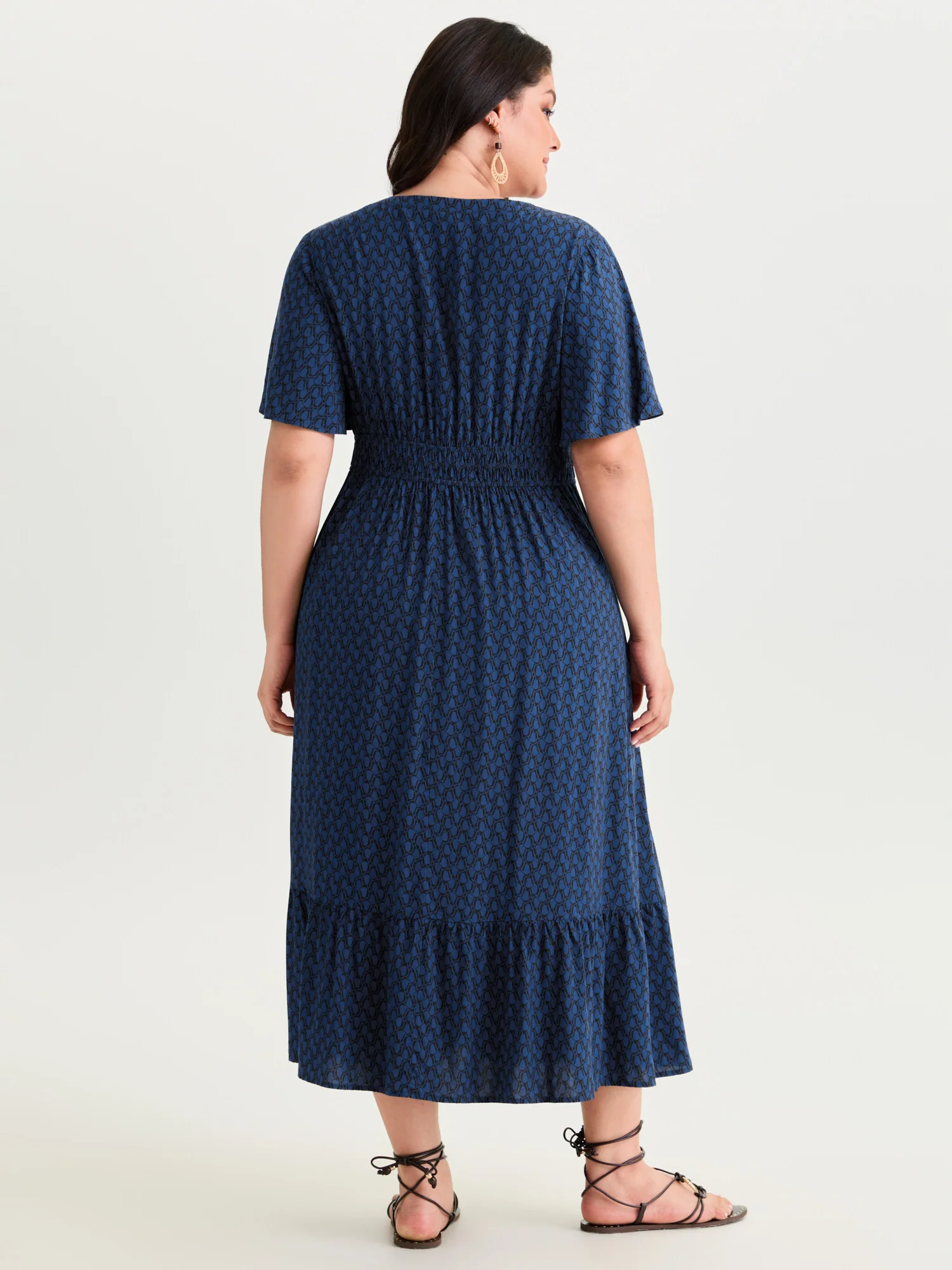 Geometric Print Waist-Cinched Tiered Midi Dress - Image 15