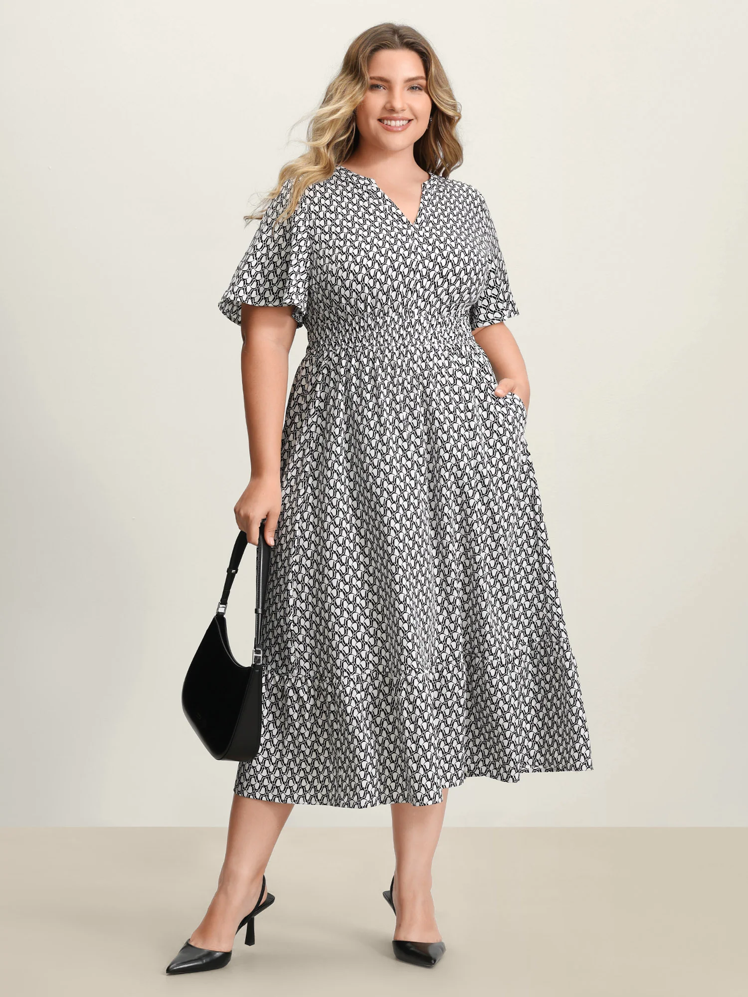 Geometric Print Waist-Cinched Tiered Midi Dress - Image 16