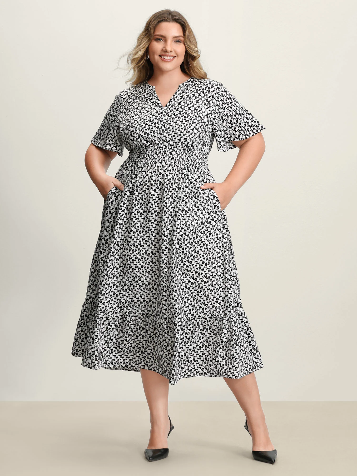 Geometric Print Waist-Cinched Tiered Midi Dress - Image 18