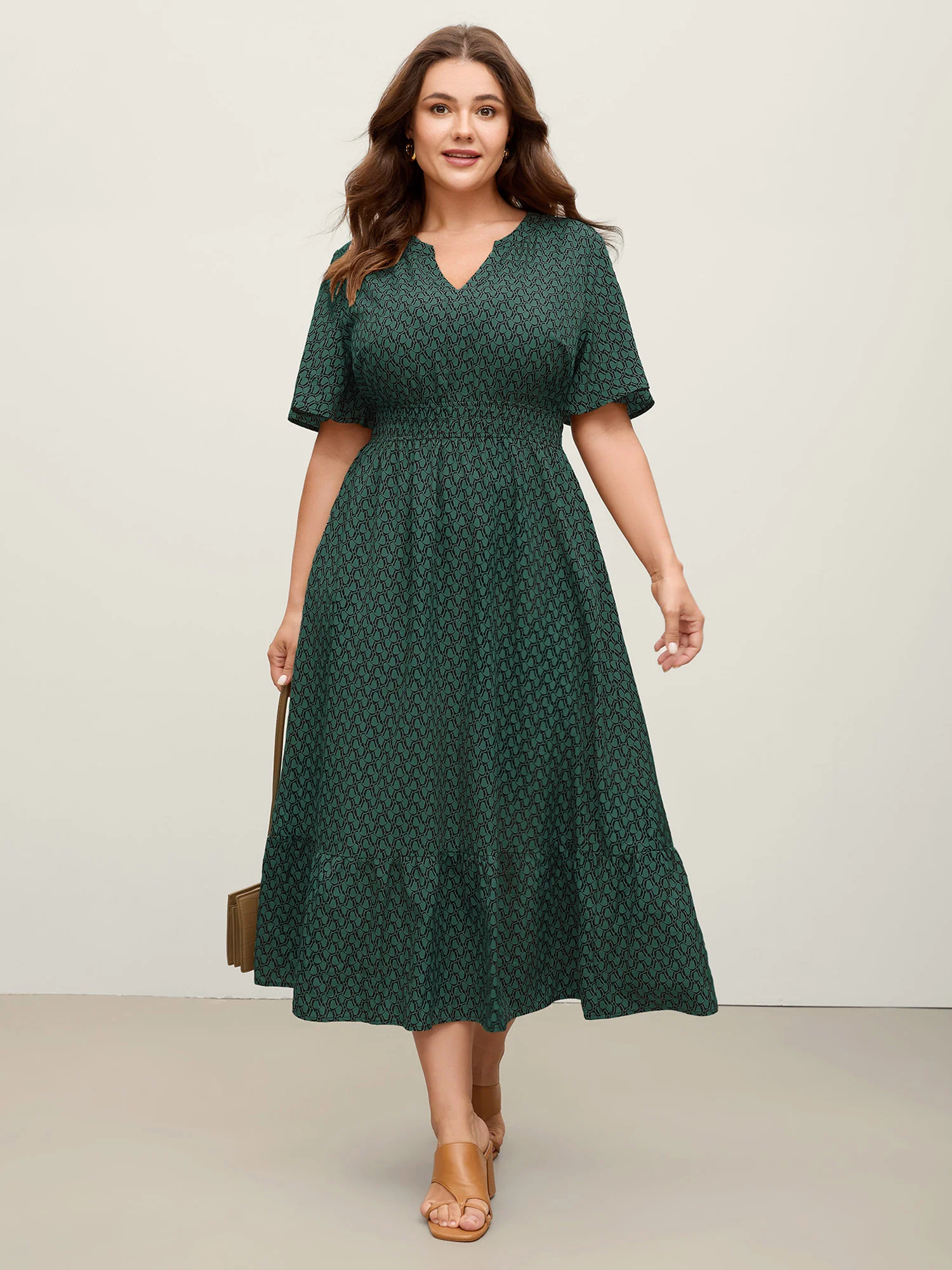 Geometric Print Waist-Cinched Tiered Midi Dress - Image 3