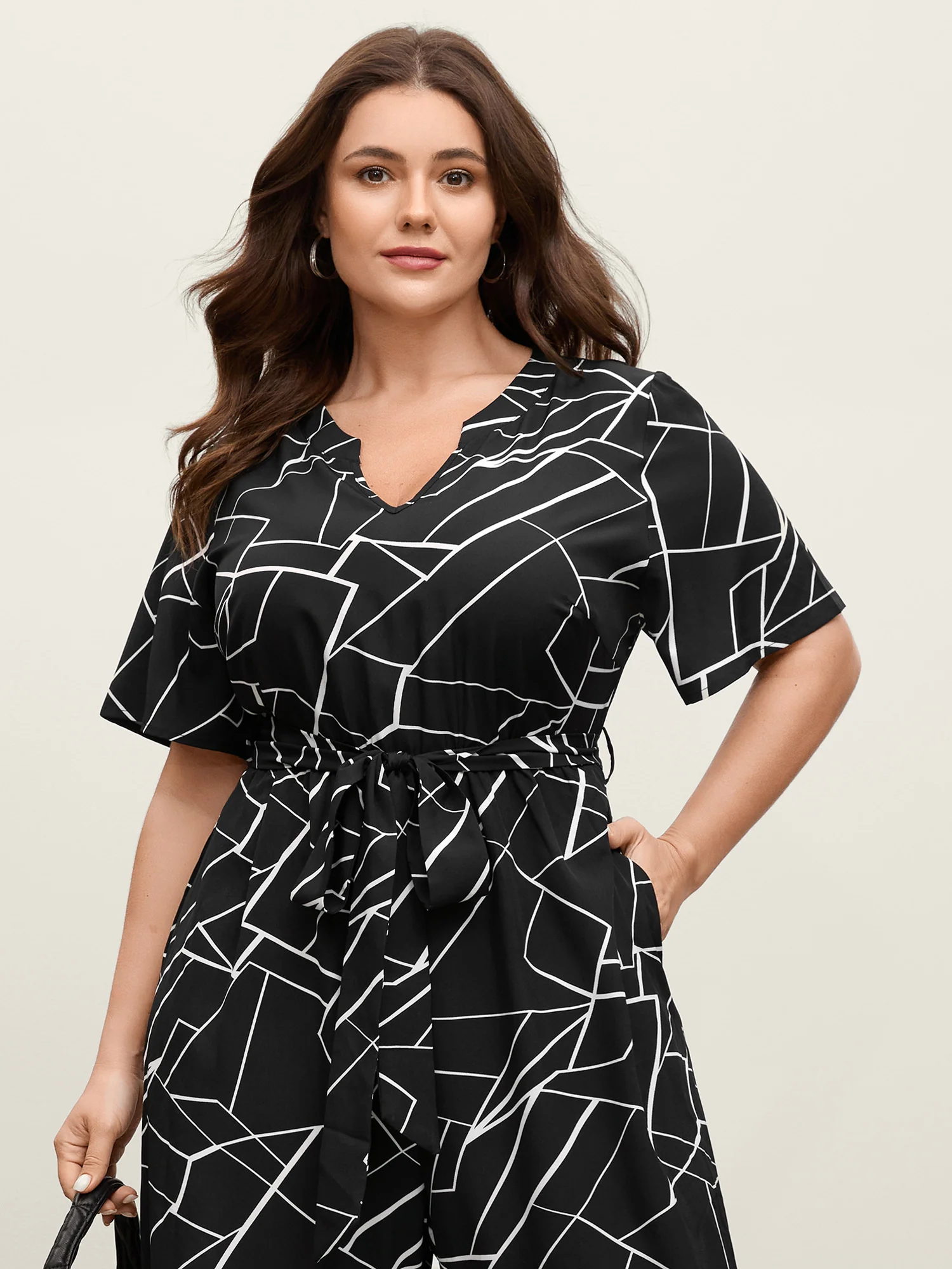 Geometric Print Waist-Defining Belted Jumpsuit - Image 2