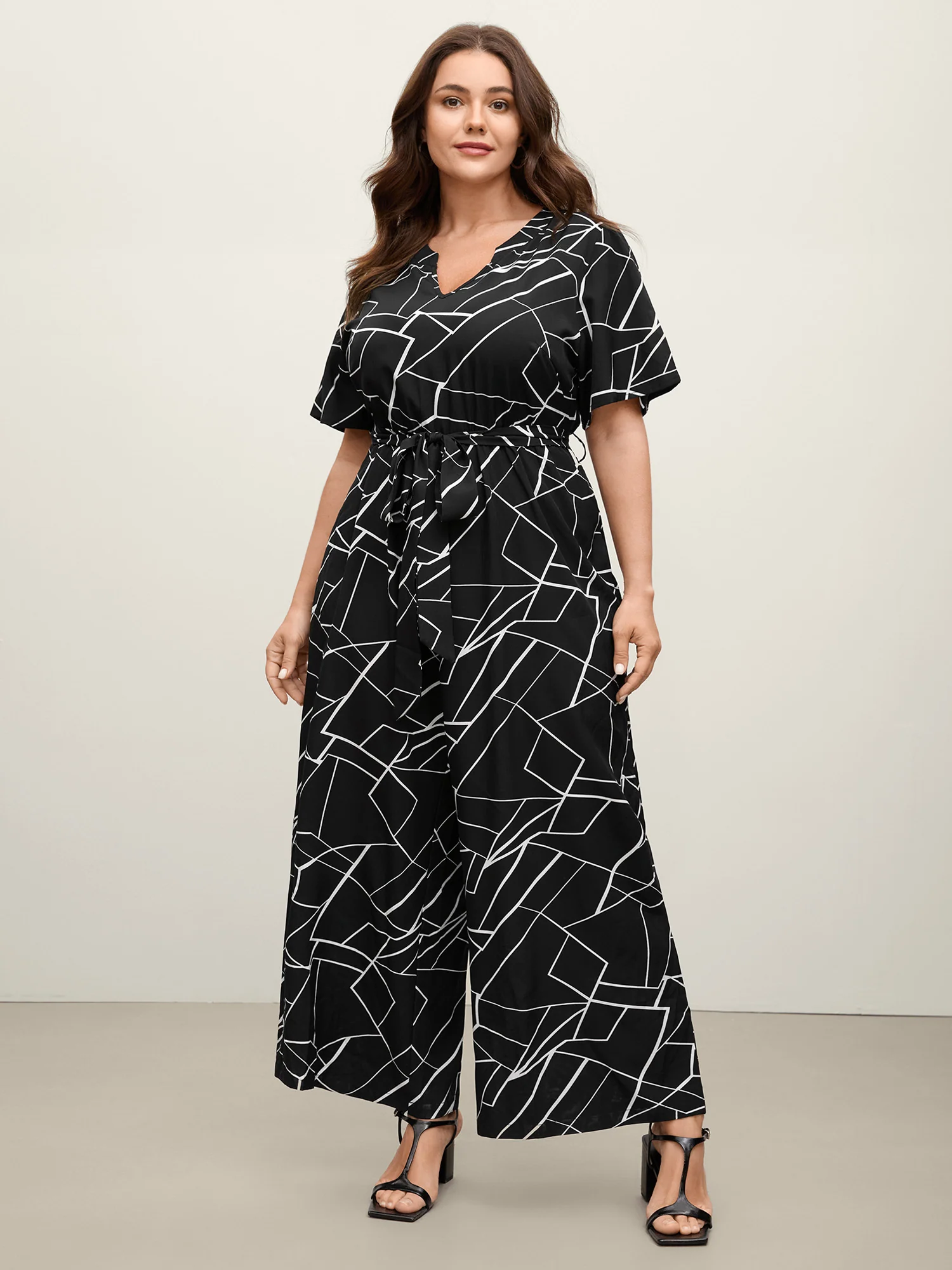 Geometric Print Waist-Defining Belted Jumpsuit - Image 3