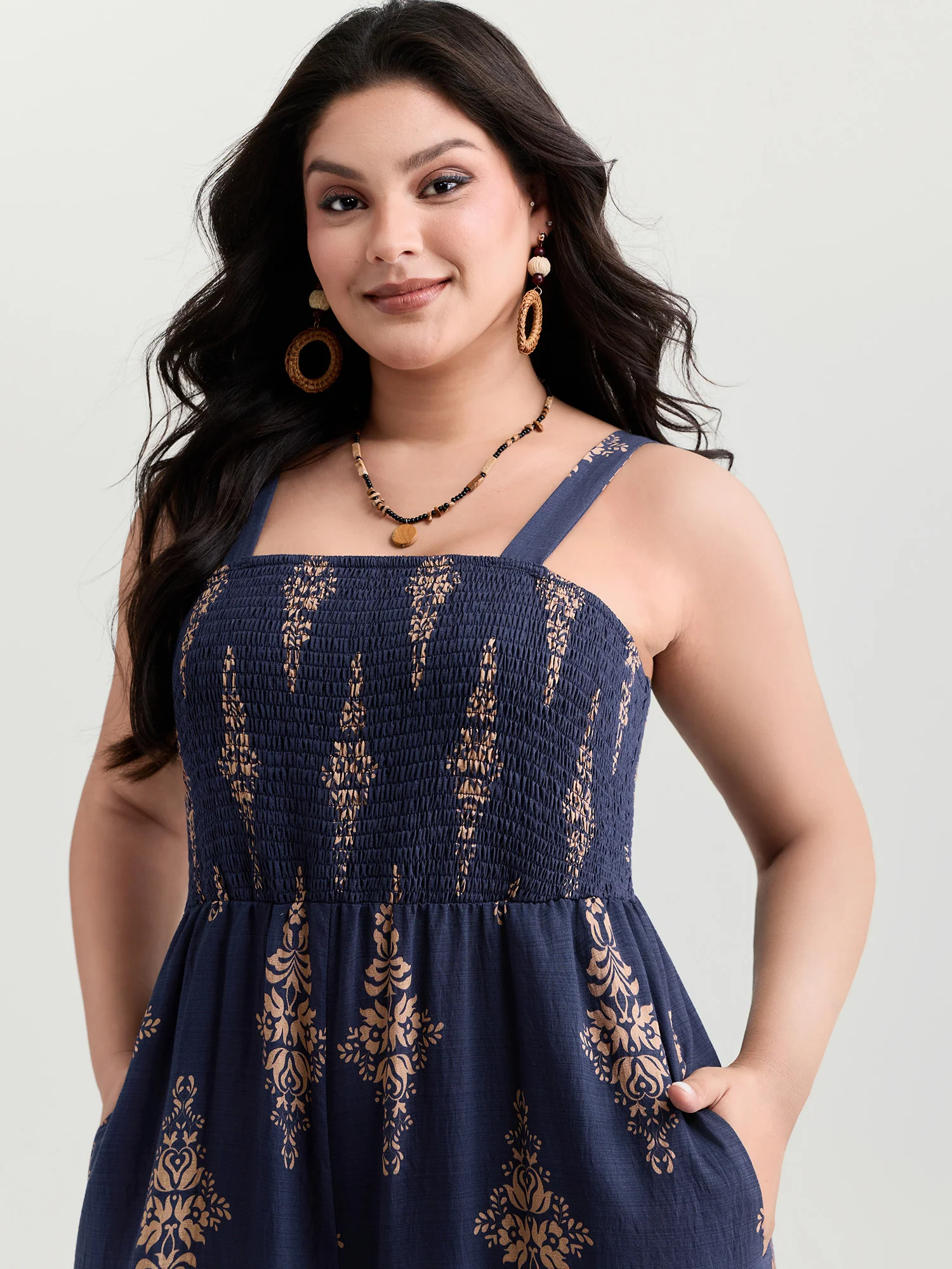 Geometric Print Waist-Defining Shirred Jumpsuit - Image 2