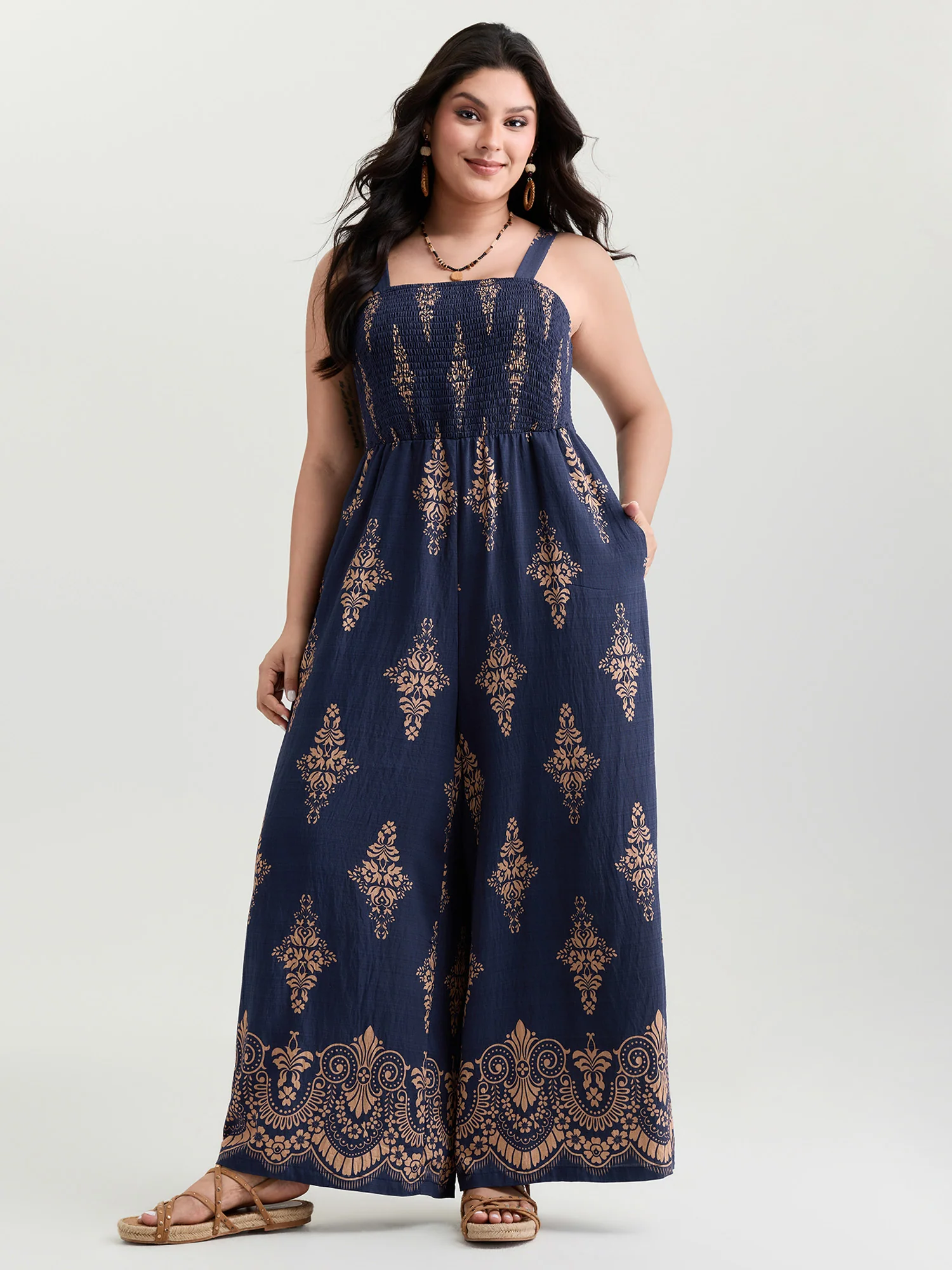 Geometric Print Waist-Defining Shirred Jumpsuit - Image 3