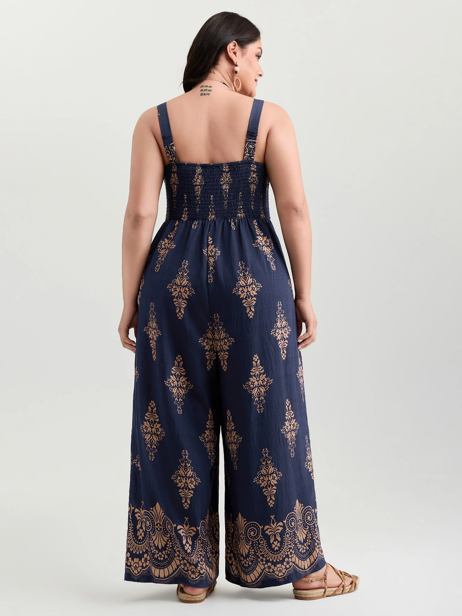 Geometric Print Waist-Defining Shirred Jumpsuit - Image 4