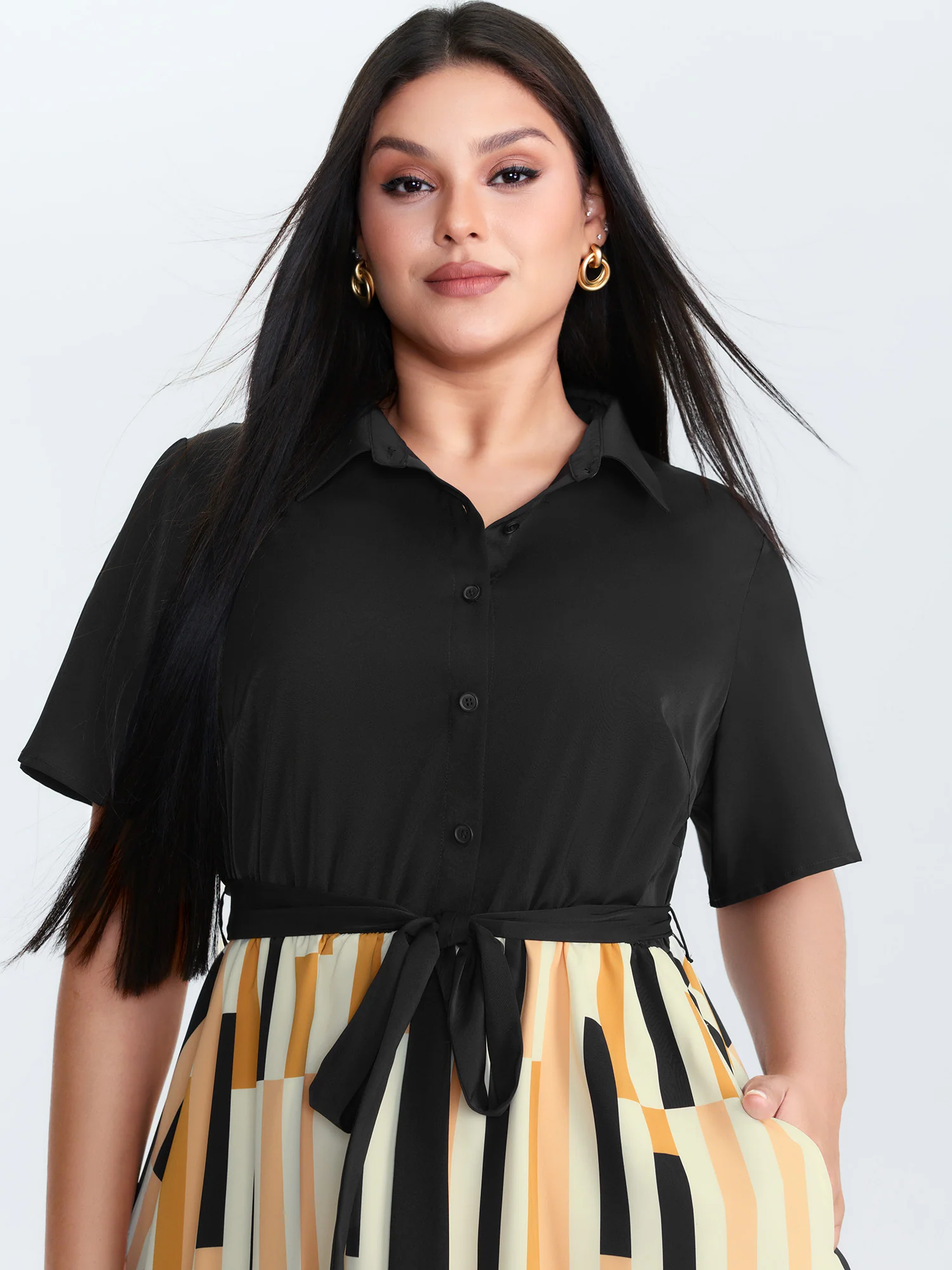 Geometric Print Waist Tie Midi Dress - Image 2