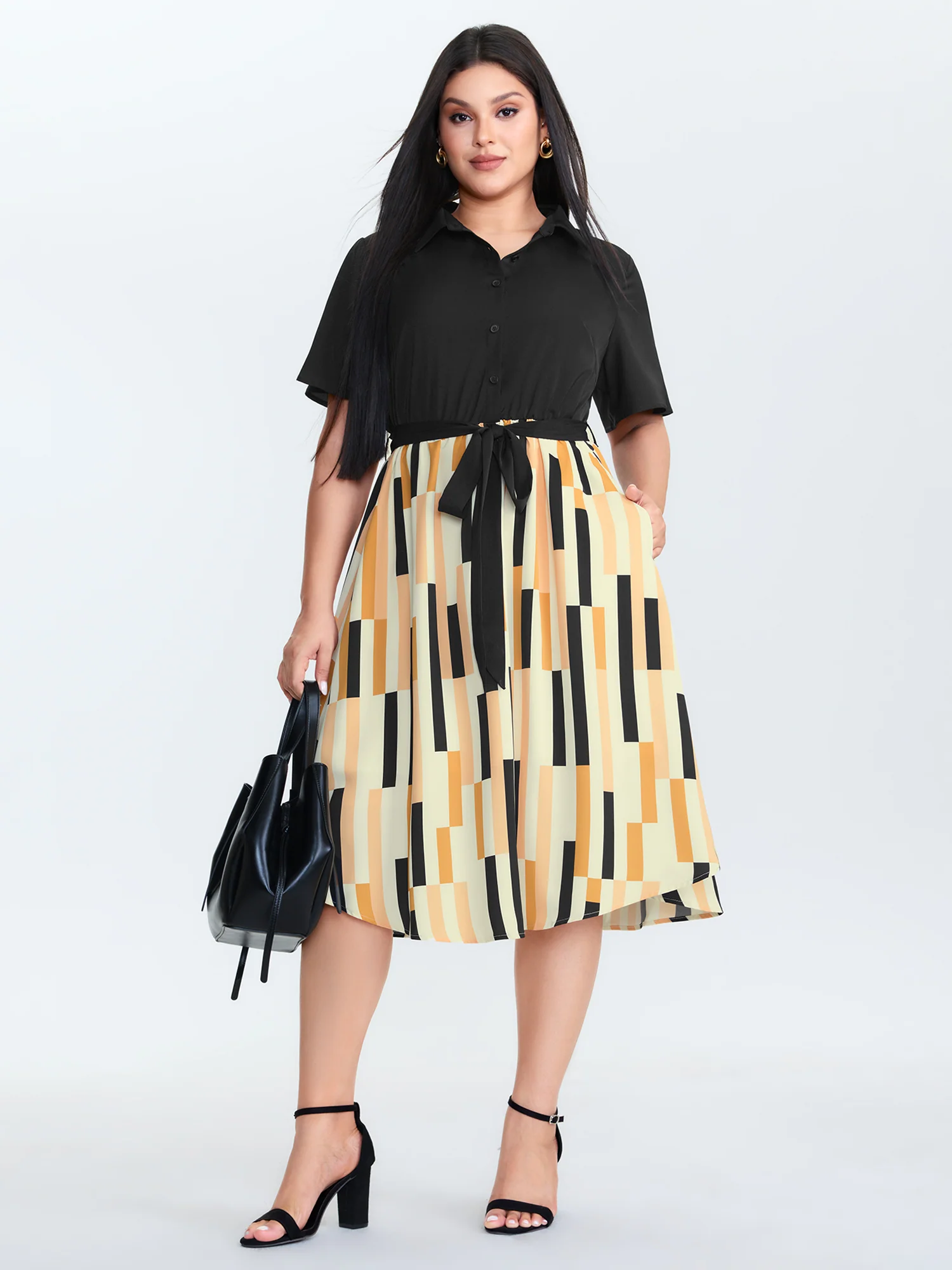 Geometric Print Waist Tie Midi Dress - Image 3
