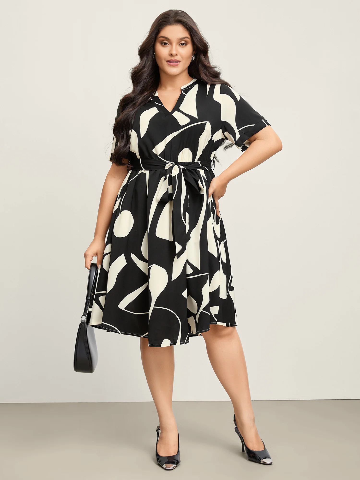 Geometric Print Waist-Tie Midi Dress - Image 3