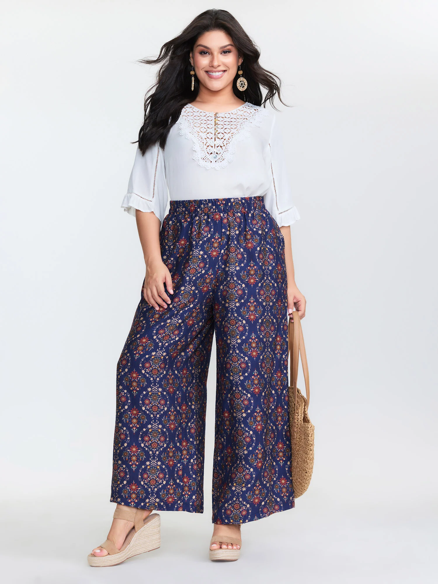 Geometric Print Wide Waistband Straight Leg Pants - Image 2