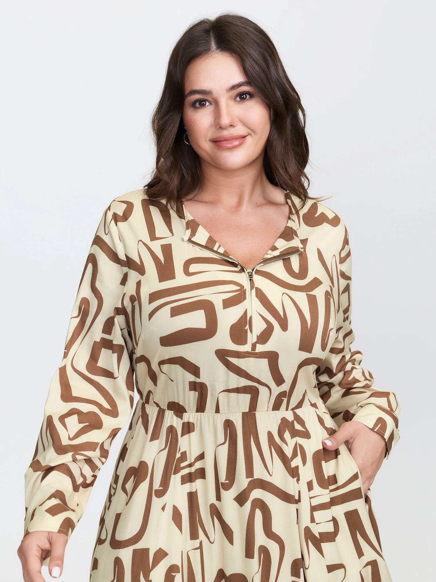Geometric Print Zipper A-Line Midi Dress - Image 2