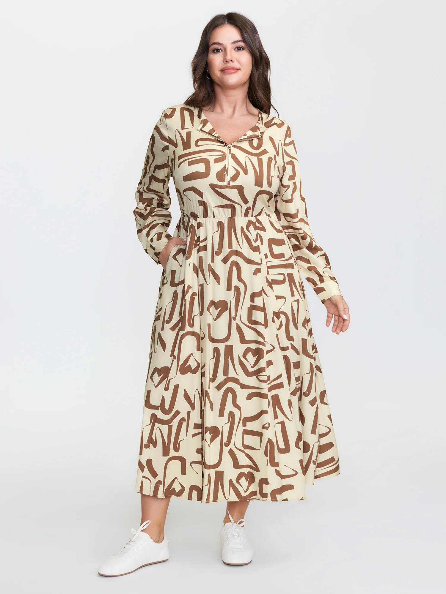 Geometric Print Zipper A-Line Midi Dress - Image 3