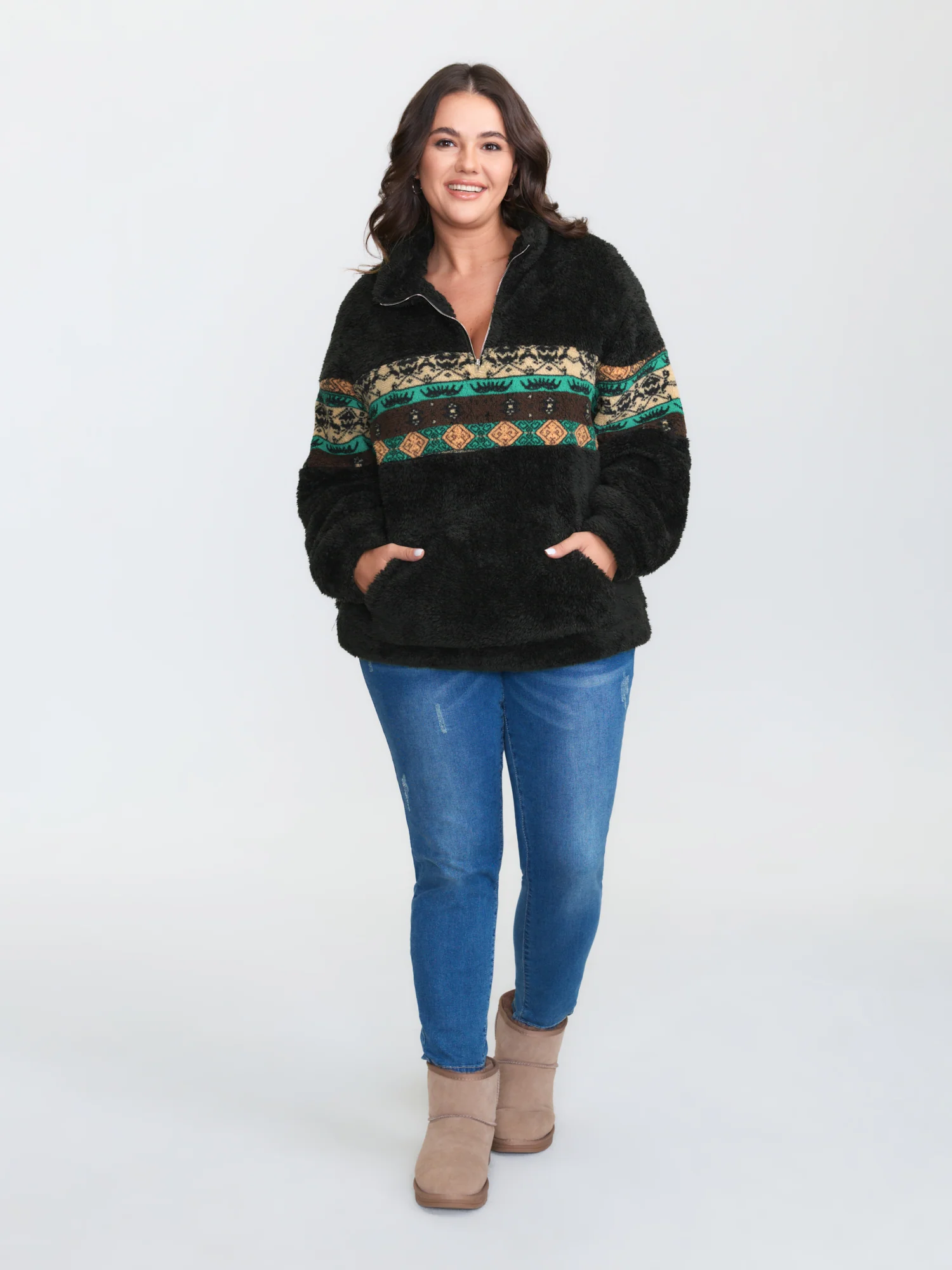 Geometric Print Zipper Collar Sweatshirt - Image 3