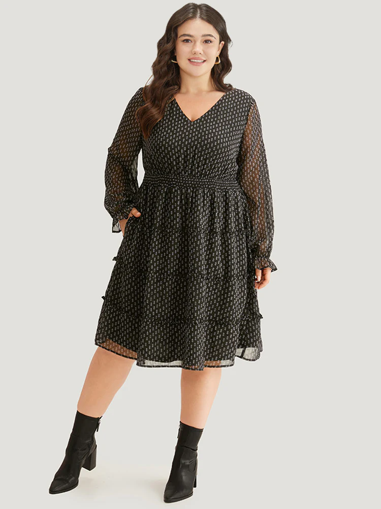 Geometric Shirred Mesh Frill Trim Dress - Image 2