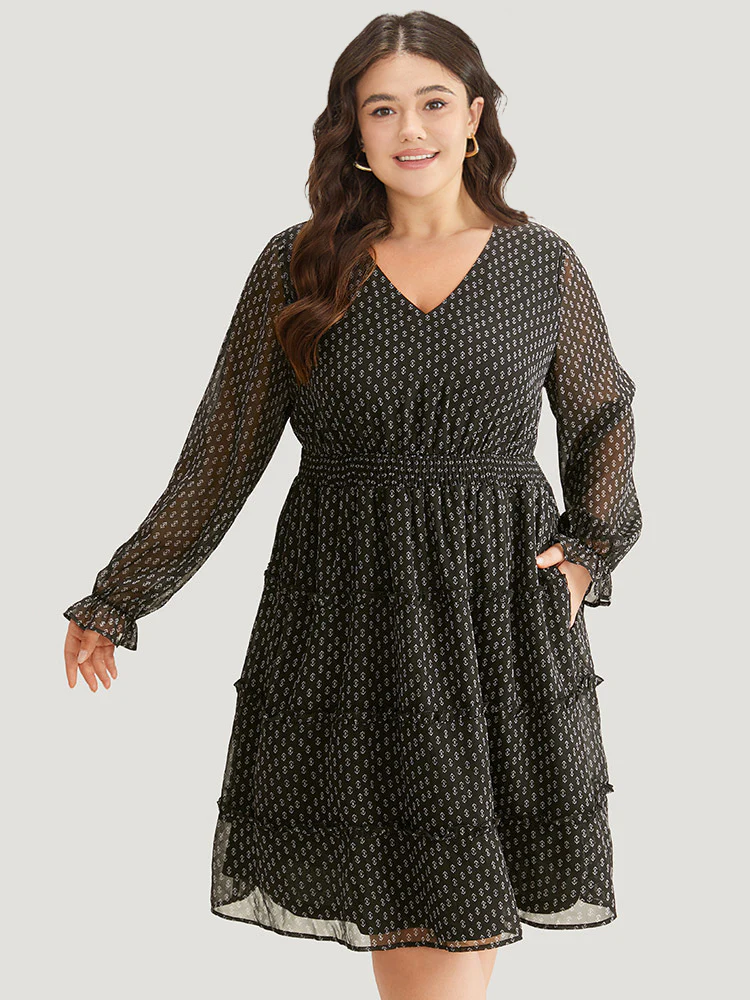 Geometric Shirred Mesh Frill Trim Dress - Image 3