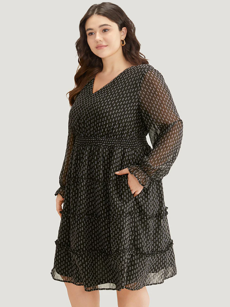 Geometric Shirred Mesh Frill Trim Dress - Image 4
