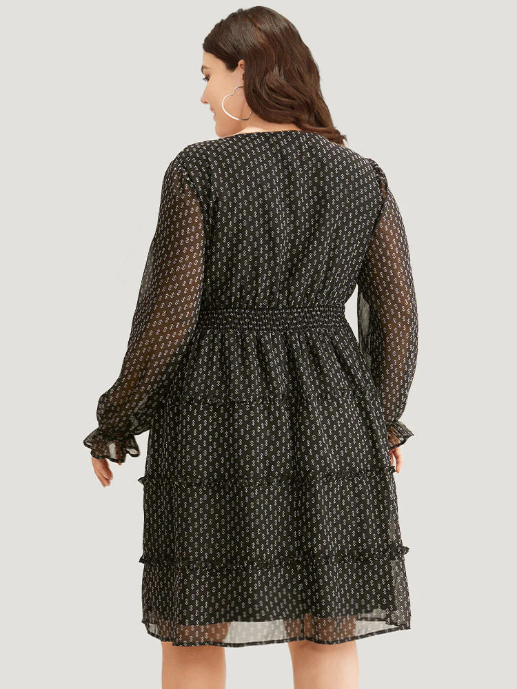 Geometric Shirred Mesh Frill Trim Dress - Image 5