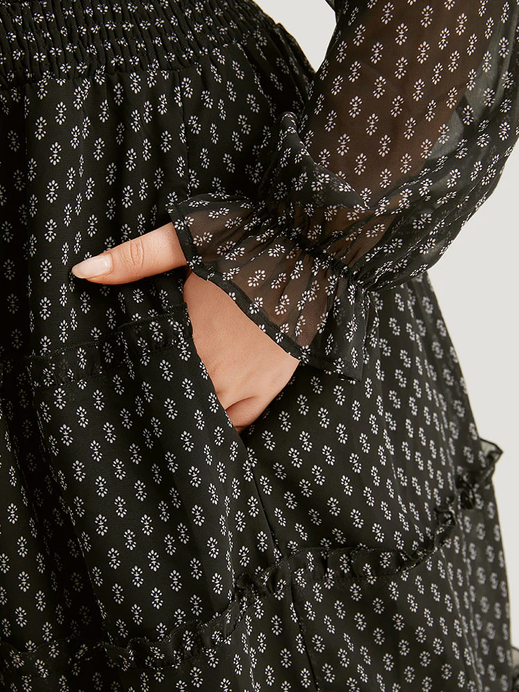 Geometric Shirred Mesh Frill Trim Dress - Image 7