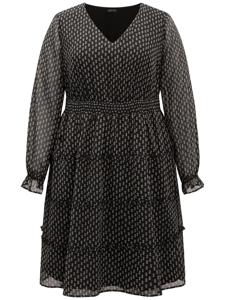Geometric Shirred Mesh Frill Trim Dress - Image 8