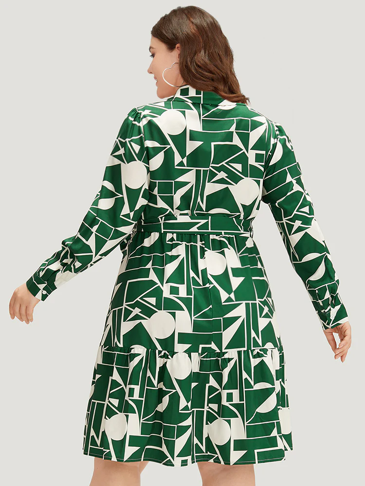 Geometric Shirt Collar Belted Pocket Flutter Dress - Image 2