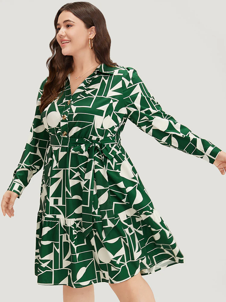 Geometric Shirt Collar Belted Pocket Flutter Dress - Image 3