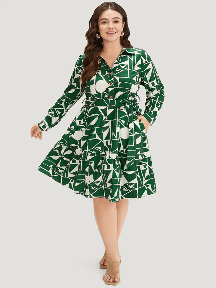 Geometric Shirt Collar Belted Pocket Flutter Dress - Image 4