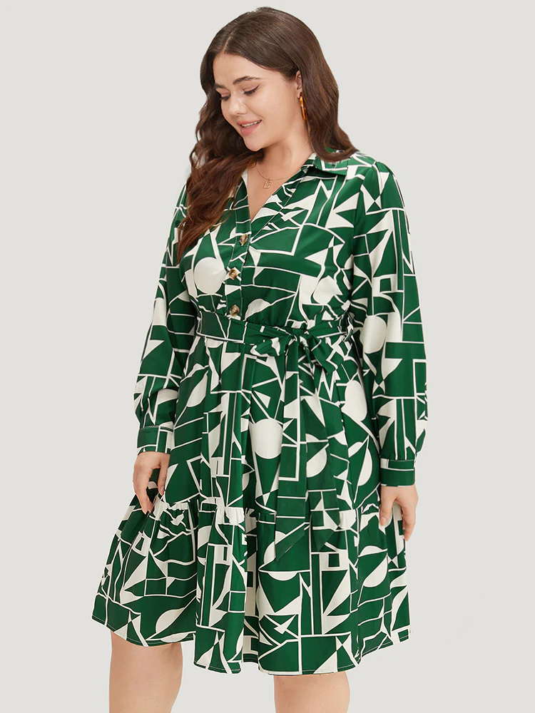 Geometric Shirt Collar Belted Pocket Flutter Dress - Image 5