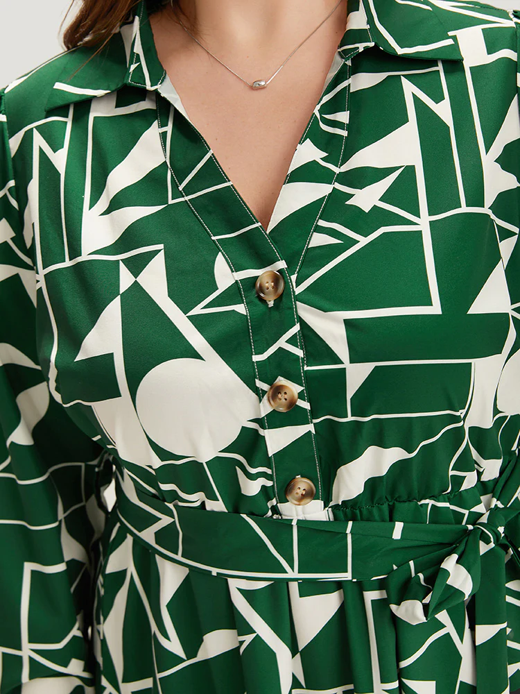 Geometric Shirt Collar Belted Pocket Flutter Dress - Image 6