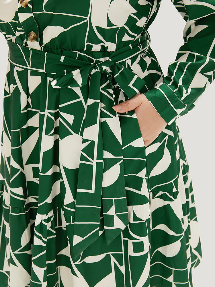 Geometric Shirt Collar Belted Pocket Flutter Dress - Image 7