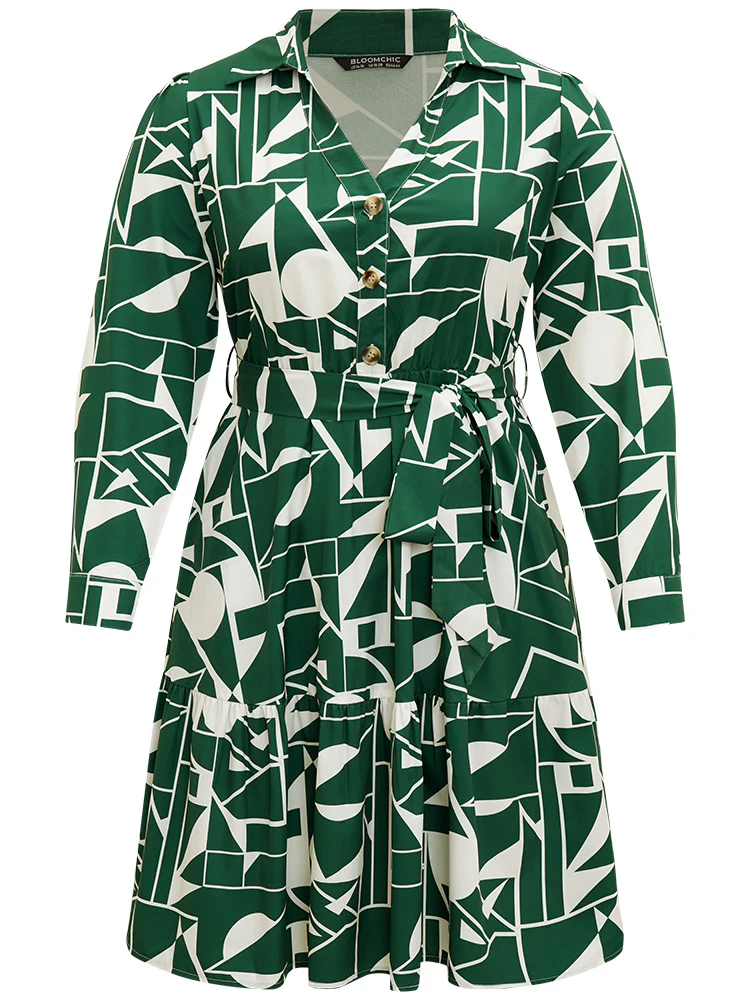 Geometric Shirt Collar Belted Pocket Flutter Dress - Image 8