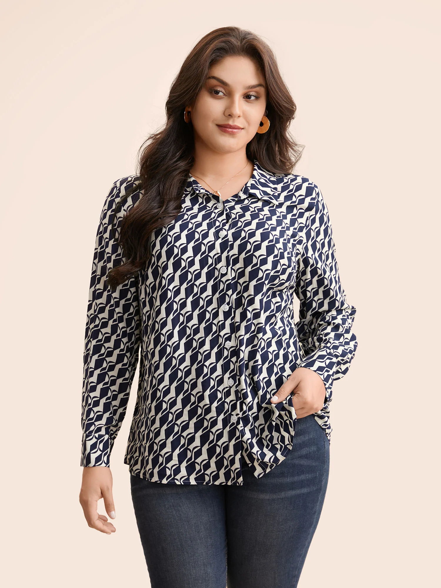 Geometric Shirt Collar Pleated Blouse - Image 2