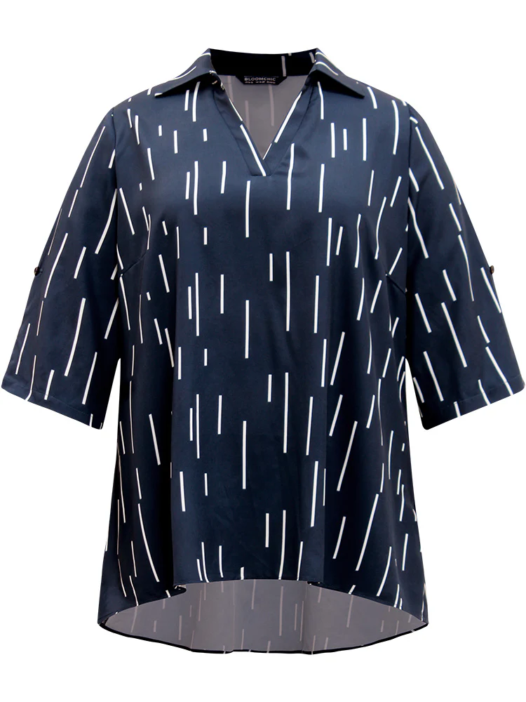 Geometric Shirt Collar Roll Tab Sleeve Blouse - Image 10