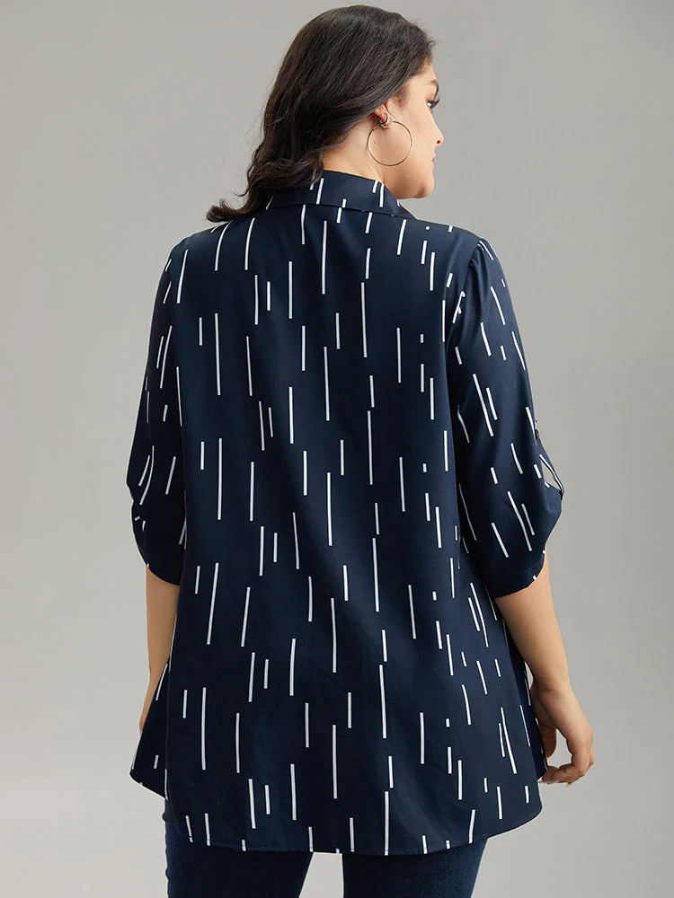 Geometric Shirt Collar Roll Tab Sleeve Blouse - Image 2