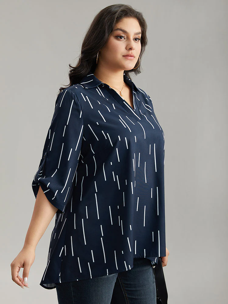 Geometric Shirt Collar Roll Tab Sleeve Blouse - Image 3