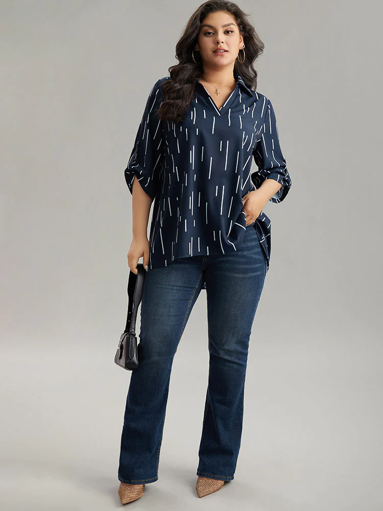 Geometric Shirt Collar Roll Tab Sleeve Blouse - Image 4