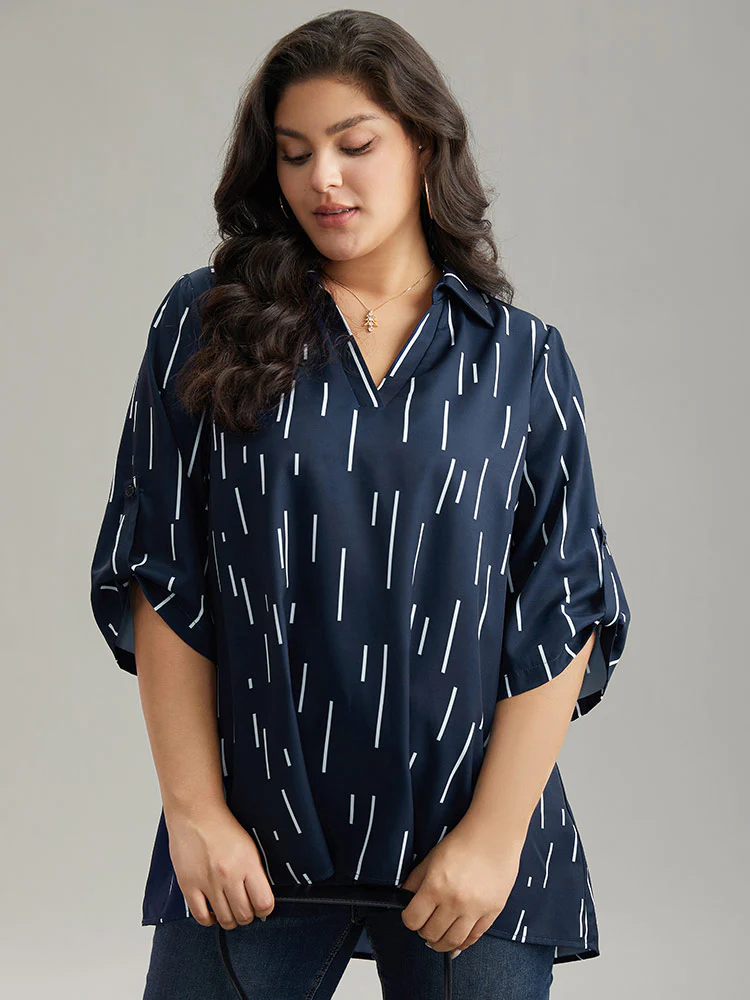 Geometric Shirt Collar Roll Tab Sleeve Blouse - Image 5