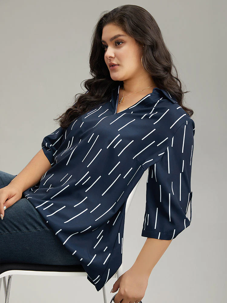 Geometric Shirt Collar Roll Tab Sleeve Blouse - Image 6