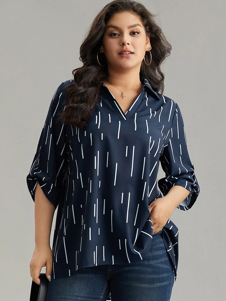 Geometric Shirt Collar Roll Tab Sleeve Blouse - Image 7