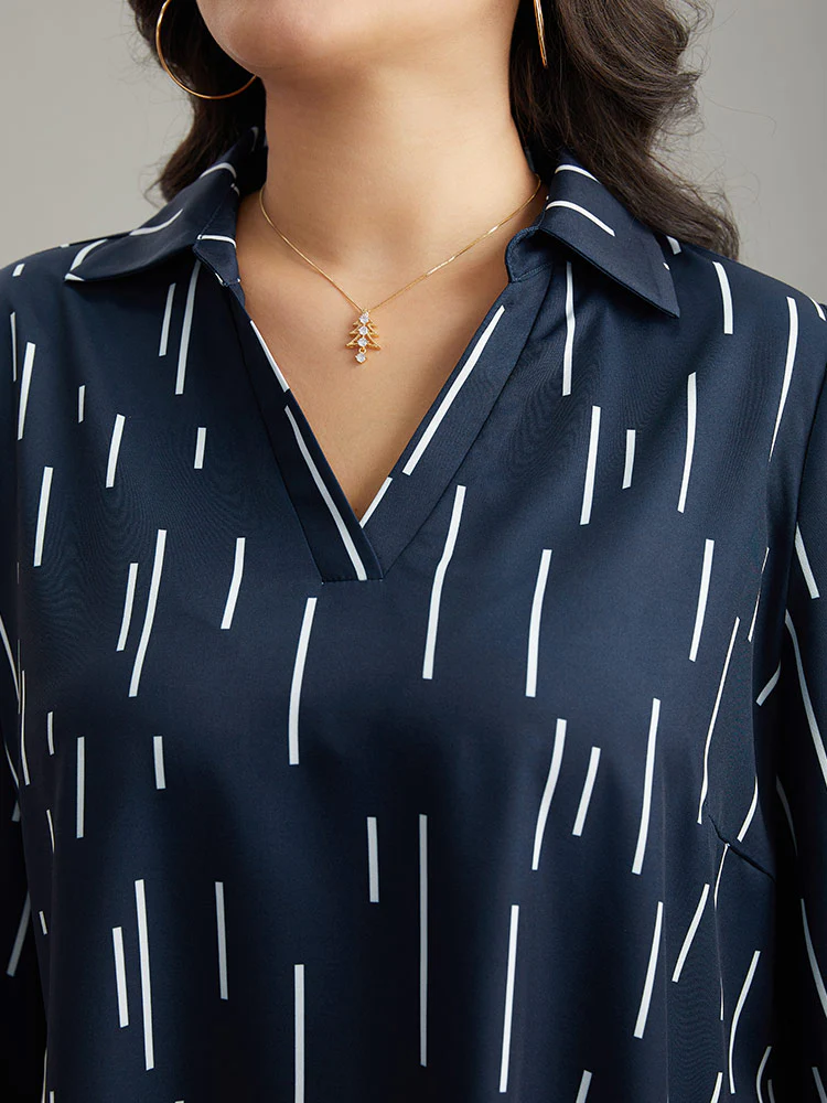Geometric Shirt Collar Roll Tab Sleeve Blouse - Image 8