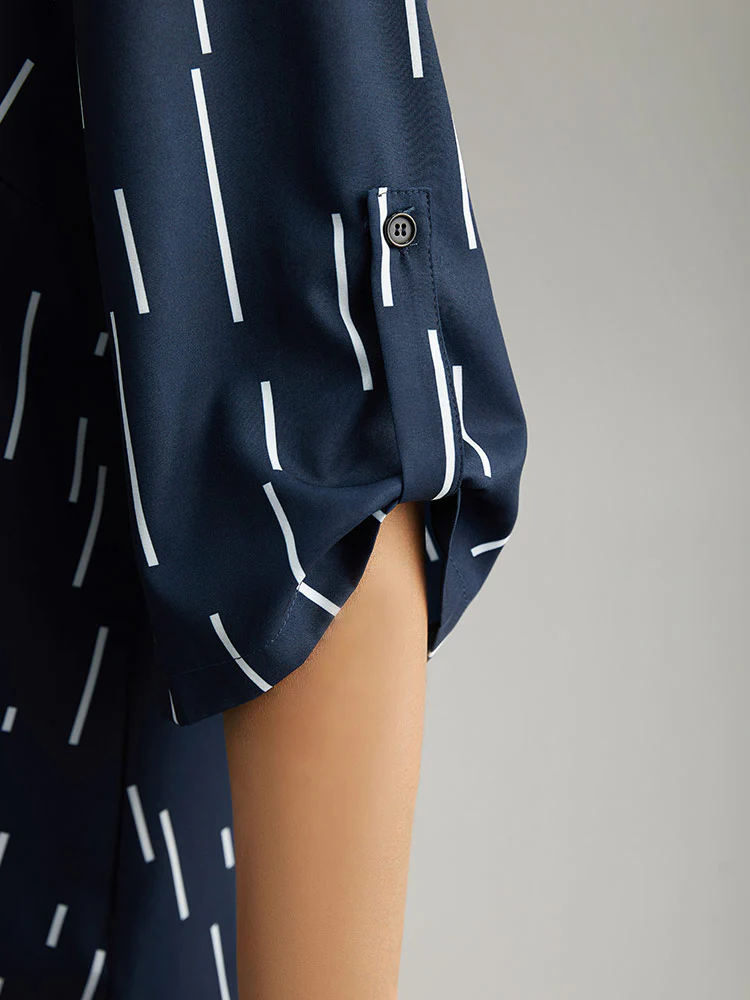 Geometric Shirt Collar Roll Tab Sleeve Blouse - Image 9