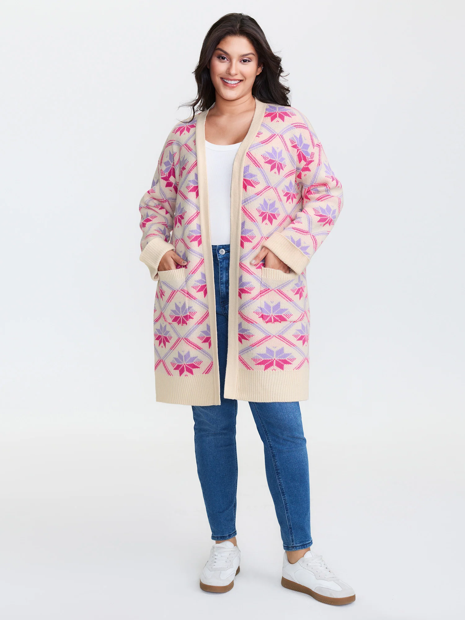 Geometric Snowflake Pattern Pockets Knit Cardigan - Image 2
