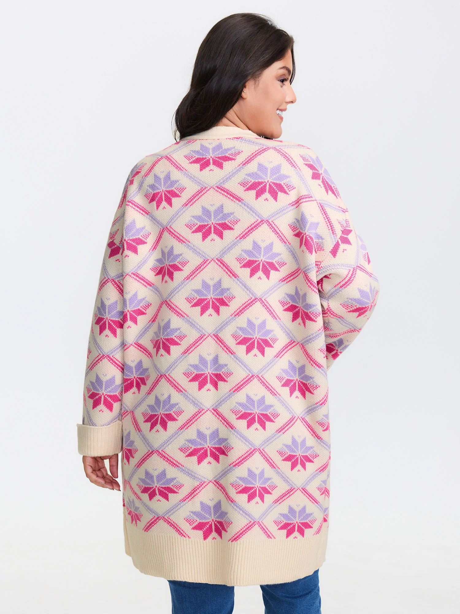 Geometric Snowflake Pattern Pockets Knit Cardigan - Image 4