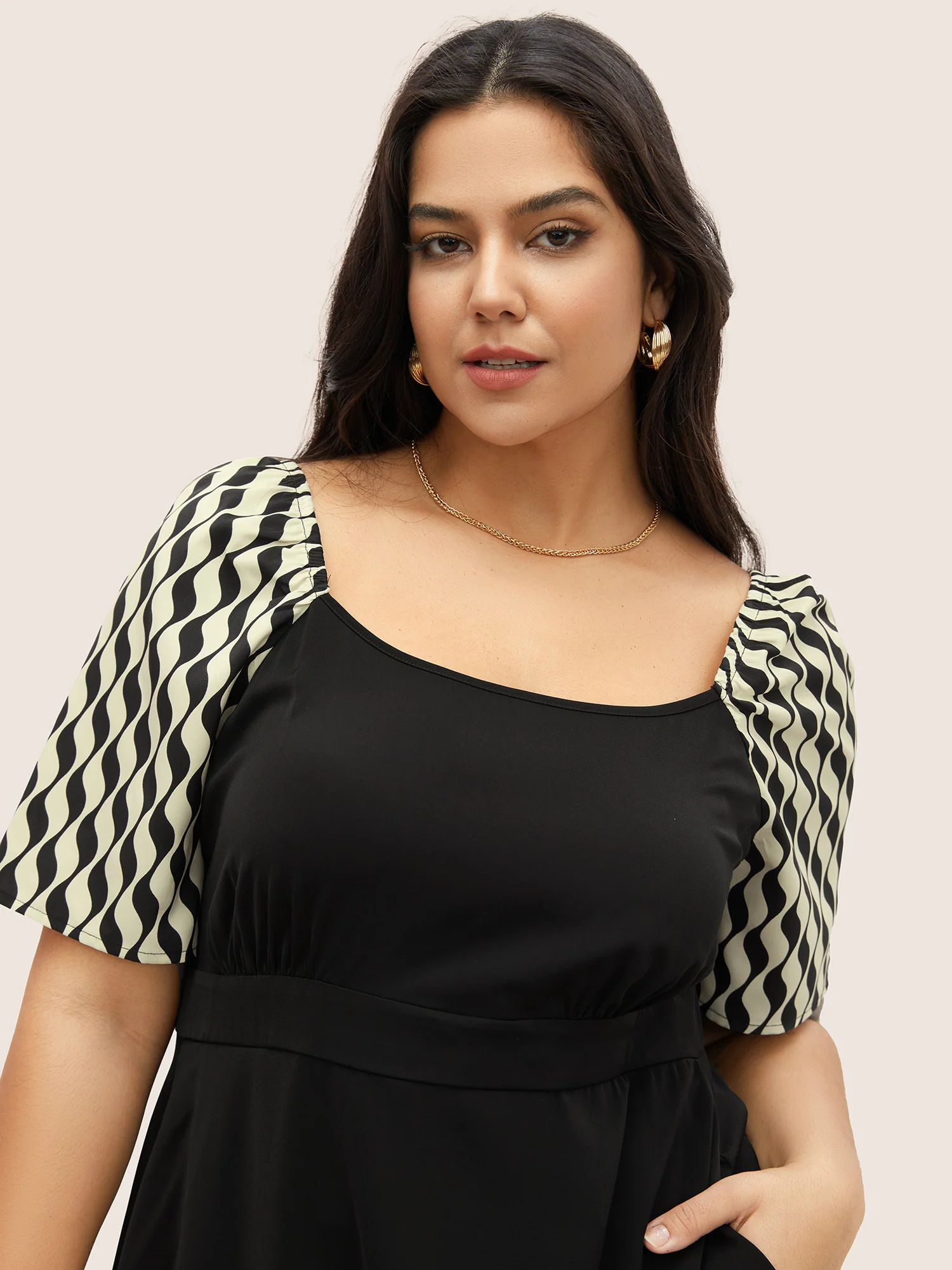 Geometric Square Neck Raglan Sleeve Elastic Waist Dress - Image 2