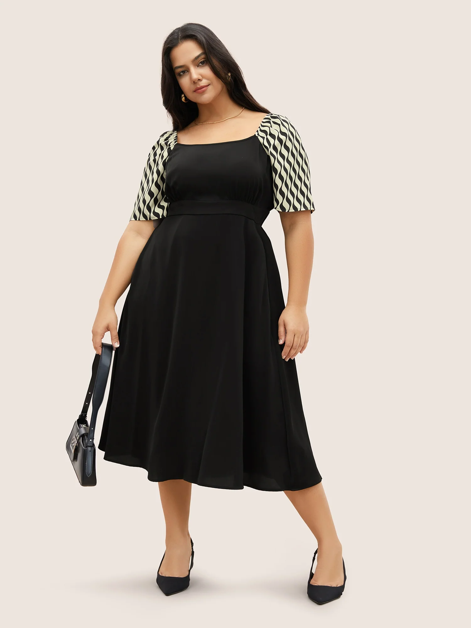Geometric Square Neck Raglan Sleeve Elastic Waist Dress - Image 3