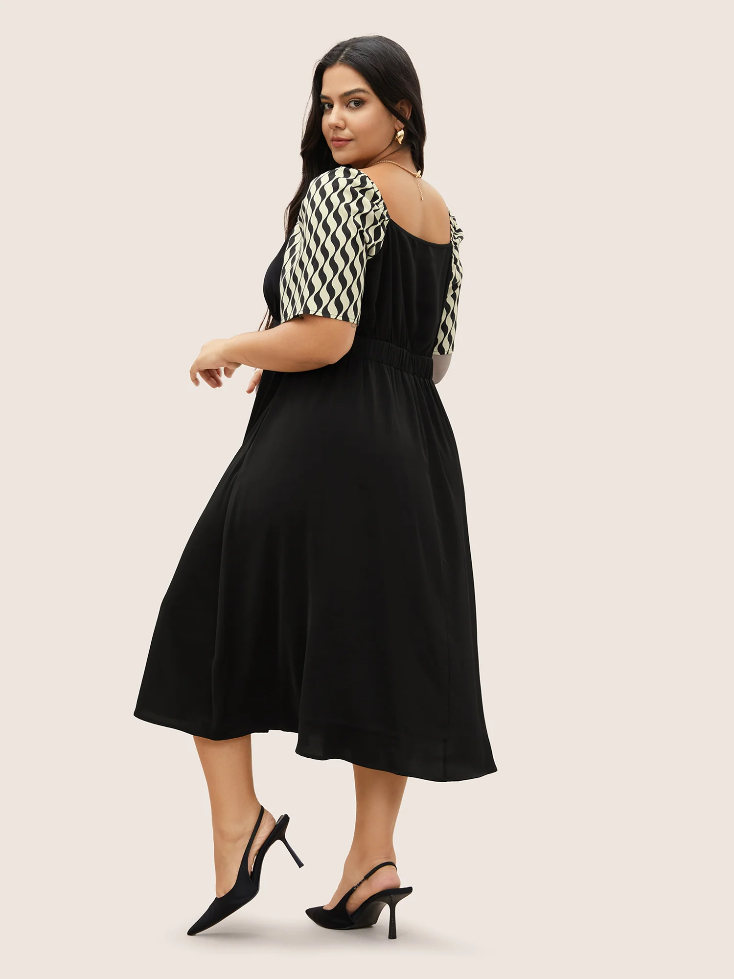 Geometric Square Neck Raglan Sleeve Elastic Waist Dress - Image 4