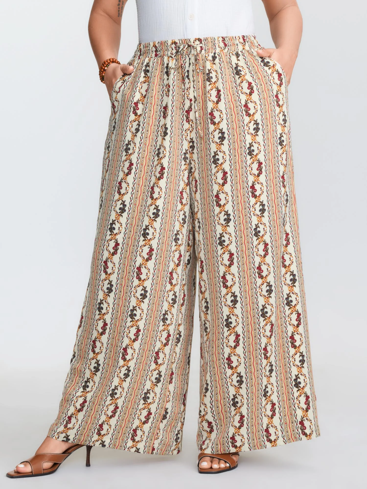 Geometric Stripe Print Pockets Straight-Leg Pants - Image 2