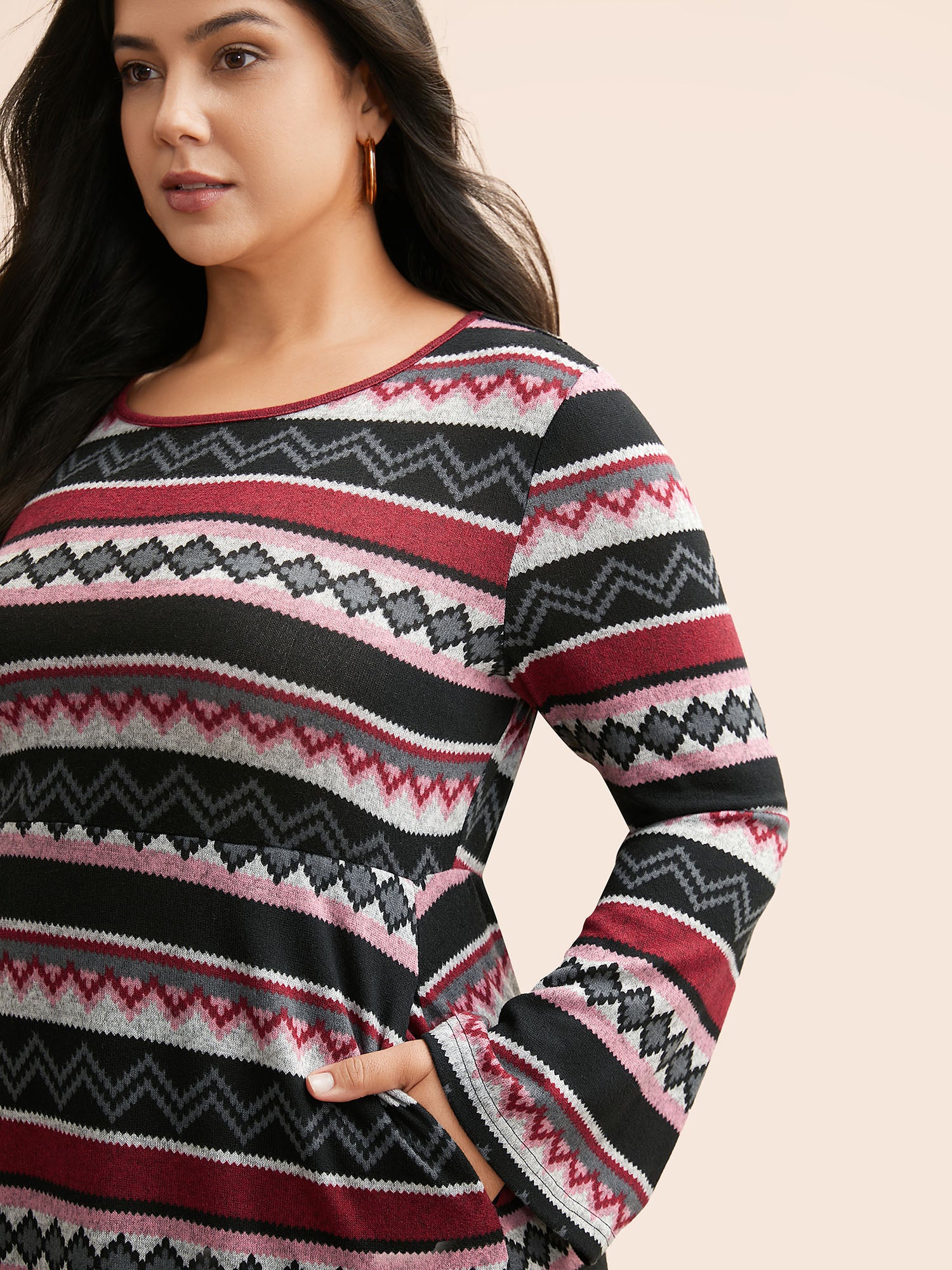 Geometric Striped Bell Sleeve Knit Dress - Image 2
