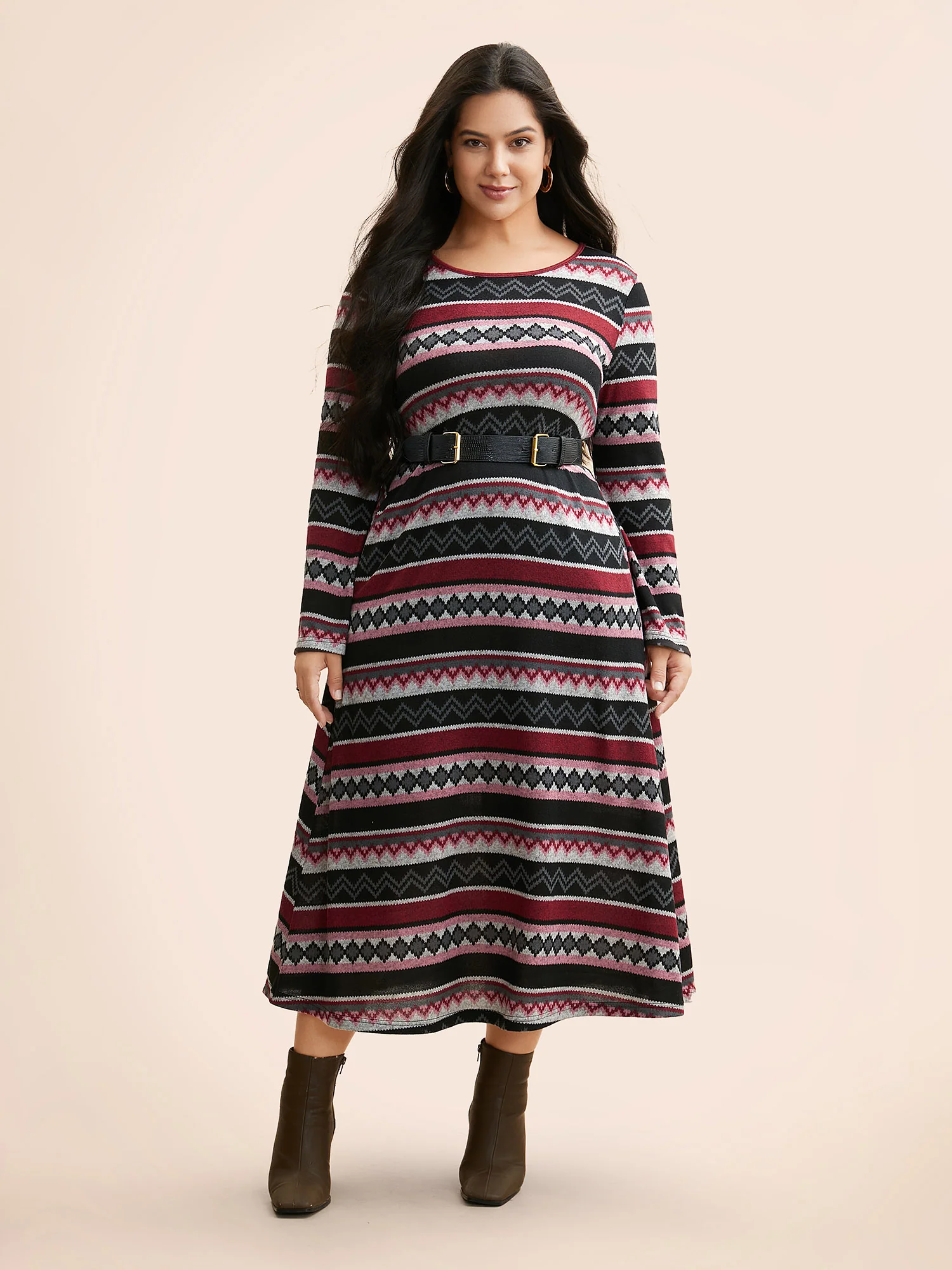 Geometric Striped Bell Sleeve Knit Dress - Image 3