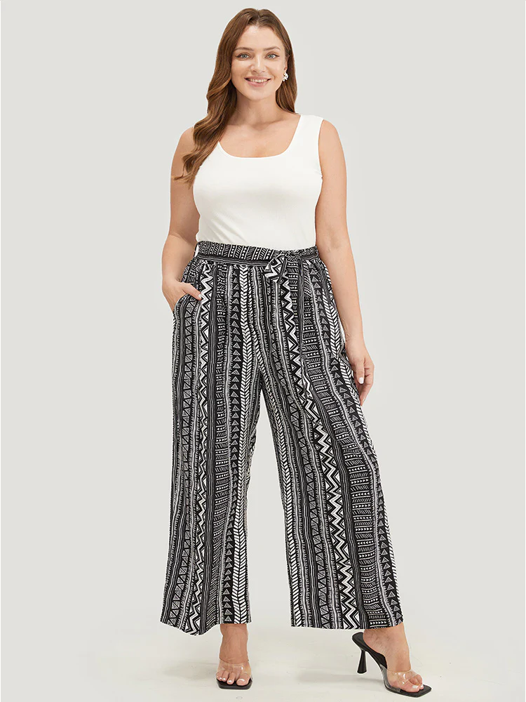 Geometric & Striped Print Belt Pocket Pants - Image 2