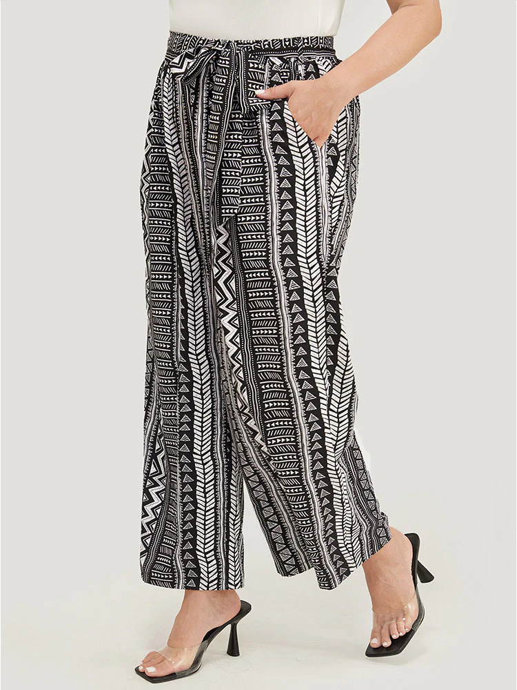 Geometric & Striped Print Belt Pocket Pants - Image 3